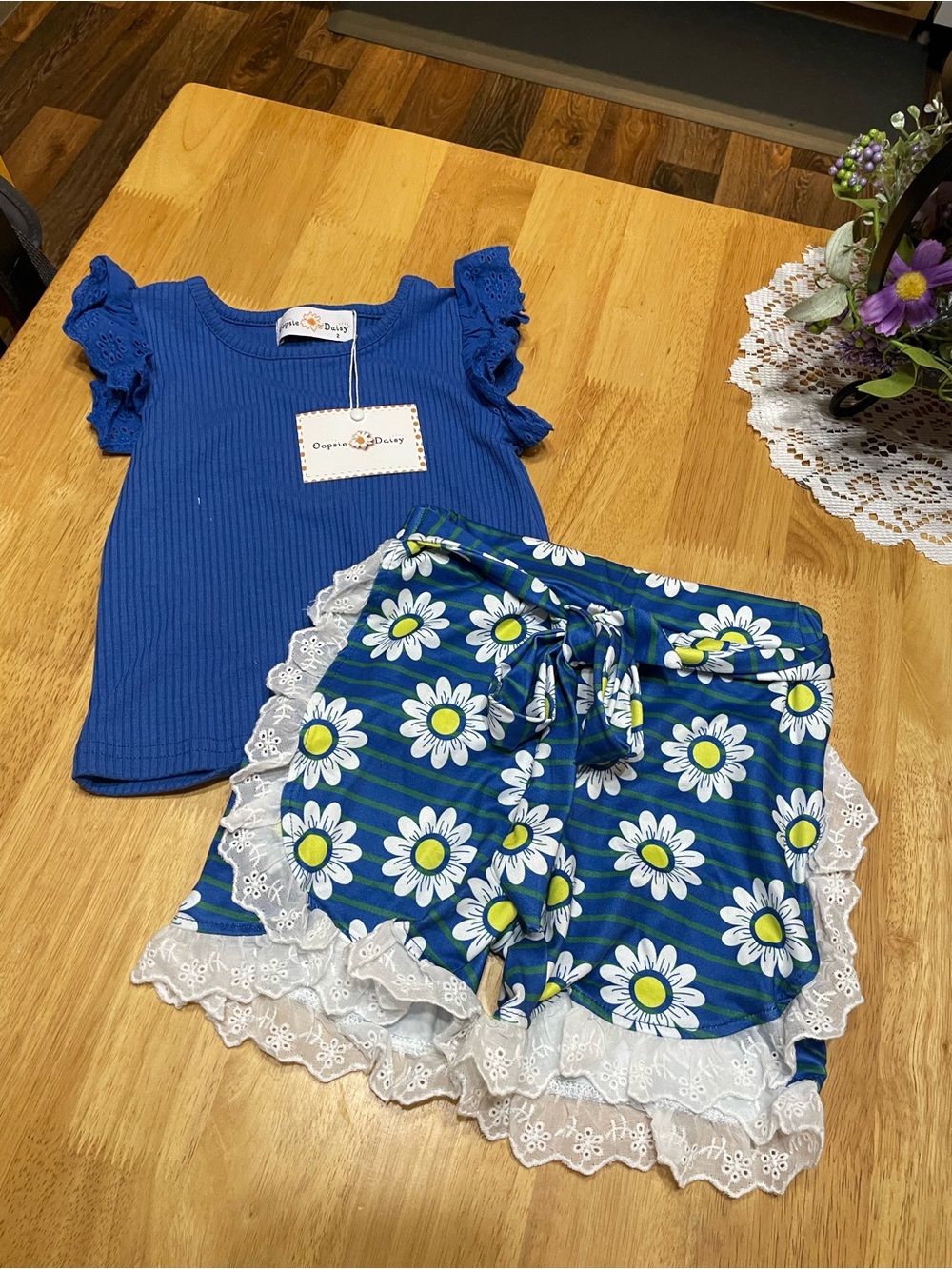 Doodle Daisy Girls' Royal Blue Ribbed Top & Daisy Print Shorts Pajama Set